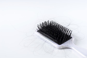 Hair fall or loss with blush is a problem of women on white background.