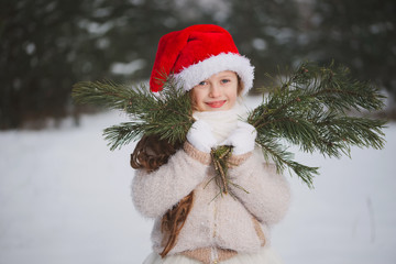 little happy beautiful girl in winter forest