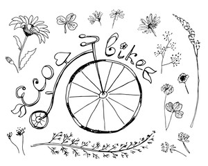 Vintage bicycle with "Eco-bike" text and set of floral elements.Vector illustration, hand drawn black and white sketch.