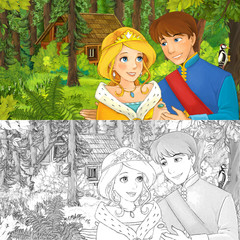 cartoon scene with princess or queen and prince or king in the forest near hidden wooden house - with artistic coloring page - illustration for children