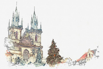 illustration. Decorated Christmas tree stands on the main square in Prague during the New Year holidays. Next to it is a beautiful old temple with a black roof