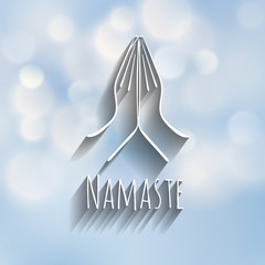 Welcome gesture of hands of Indian woman character in Namaste mudra on insulated white blue blurred batskground shadow in vector
