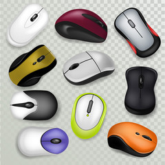 Computer mouse vector pc clicking device with buttons or scroll technology illustration set of realistic click optical tool with scrolling cursor or mice isolated on transparent background