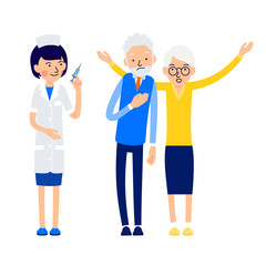 Nurse is getting ready to inject. Elderly man is ill and feels bad. His wife lifting hands up is calling for help. Illustration of people characters isolated on white background in flat style