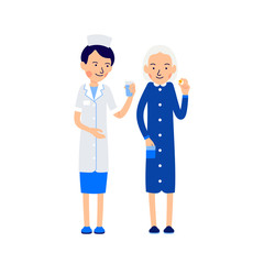 Nurse offers sick water to drink pill. Nurse and sick elderly woman. Taking medications. Illustration of people characters isolated on white background in flat style