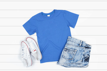 Blue Short Sleeve T-Shirt on a White Background