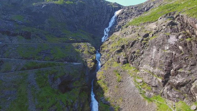 Aerial view of norwegian Trollstigen road and Stigfossen waterfall in Norway
