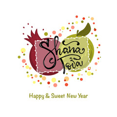 A greeting card with stylish lettering Shana Tova. Hand sketched Shana Tova calligraphy text as logotype, badge icon for Jewish New Year. Template for postcard, invitation, poster, banner template