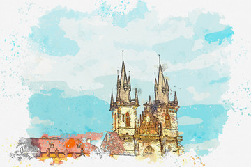 illustration beautiful old temple on the main square in Prague with black roof
