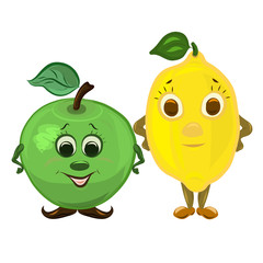 Two cheerful friends, lemon and apple, fruit