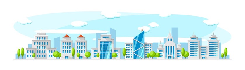 Cityscape with modern skyscrapper buildings like bank, office and apartment. Vector flat town illustration