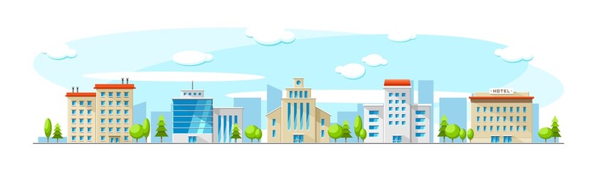 Obraz premium Cityscape with old and modern buildings. Vector flat town illustration