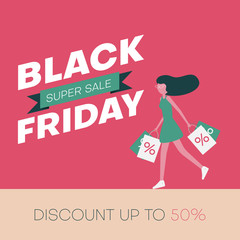 Black friday super sale background with girl doing shopping.