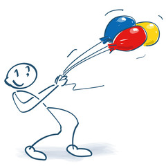 Strichmännchen mit Luftballons im Sturm