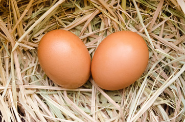 Fresh farm eggs on a straw background.