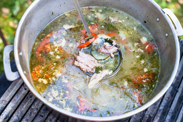 top view of pot with asian shurpa soup