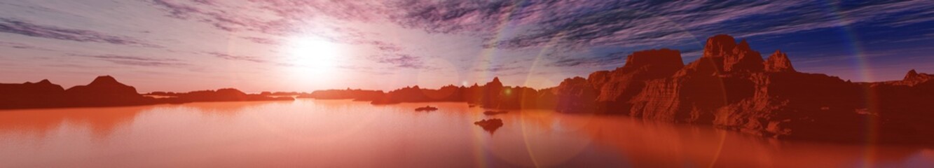 Sunset over the bay. Panorama of the sea landscape.
