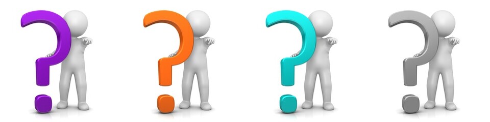 interrogation point question mark 3d purple orange turquoise silver gray with pointing stick figure man person isolated on white background