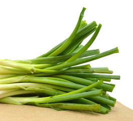 Green Onion on burlap on white