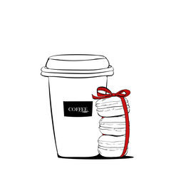 Stack of Macaroons with red bow ribbon for design and with coffee cup. Fashion illustration. Hand drawn watercolor pile of macaron cakes, french pastry dessert. vector illustration