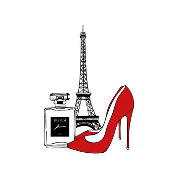Paris set: Eiffel Tower, red Shoes, Perfume. Vector hand drawn illustration with Eiffel tower. Fashionable accessories. Paris romantic design. Vector trendy illustration. Beauty fashion woman set.