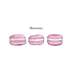 Set of pink cartoon macarons icon. Macaroon almond cakes isolated. Macaron biscuits dessert. Vector hand drawn macarons Illustration. Sketch vintage style. Design template. Retro background.