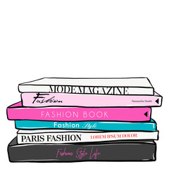 Fashionable illustration with stack of books and fashion magazines. Vogue and Beauty style. Fashion vector fashion illustration design. Hand drawn sketch. Fashion. Set of trend book in doodle style. - 223181512