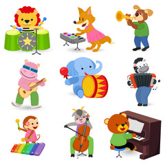 Animal music vector animalistic character musician lion or dog playing on musical instruments guitar and piano illustration set of elephant or monkey with drum isolated on white background