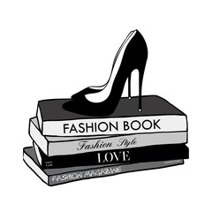 Vector fashion illustration. High heels shoes on fashion magazines books. Hand drawn beautiful concept for girls. Fashionable illustration with stack of books, fashion magazines in Beauty style