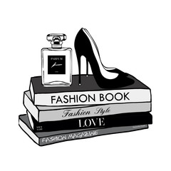 Vector fashion illustration. High heels shoes, Perfume, fashion magazines books. Hand drawn beautiful concept for girls. Fashionable illustration with stack of books, fashion magazines in Beauty style - 223181543