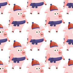 New Year 2019 seamless pattern with christmas cartoon flat pink pigs.