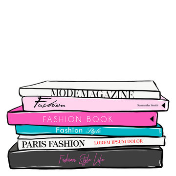 Fashionable illustration with stack of books and fashion magazines. Vogue and Beauty style. Fashion vector fashion illustration design. Hand drawn sketch. Fashion. Set of trend book in doodle style.