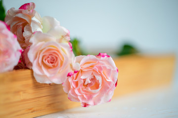 pink roses on a wooden tray