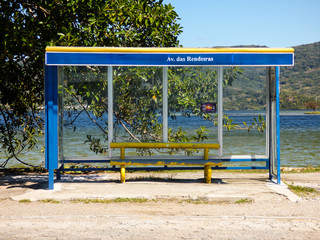 Florianopolis, Brazil - Circa August 2018: Bus stop at "Rendeiras Avenue" in Lagoa da Conceicao, popular tourist destination