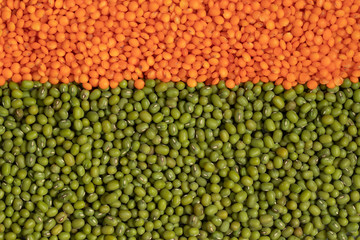 Orange and green lentils full background, top view