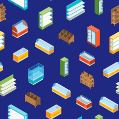 Supermarket Elements Seamless Pattern Background Isometric View. Vector