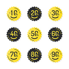 Set of trendy sale stickers. Badges template 10 off, 20, 30, 40, 50, 60, 70, 80, 90 percent sale label symbols, discount promotion icon.