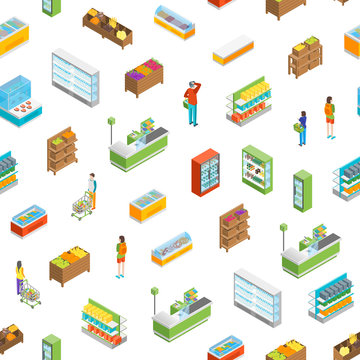 Supermarket or Shop Interior Seamless Pattern Background Isometric View. Vector