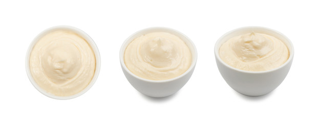 Olive Mayonnaise or Mayo Sauce in Small White Bowl Close Up