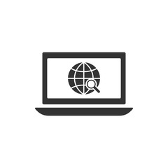 Web browsing and search concept icon. Laptop, globe symbol with magnifying glass.