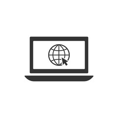 Web browsing concept icon. Laptop with globe and mouse arrow pointer. Globe with cursor.