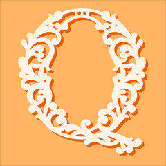 Laser cut template. Initial monogram letters. Fancy floral alphabet letter. May be used for paper cutting. Floral wooden alphabet font letter. Filigree cutout pattern. Vector illustration.