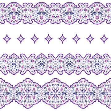 Seamless arabic patterns for border. Repeated oriental motif for fabric or paper design. Violet pattern on a white background.