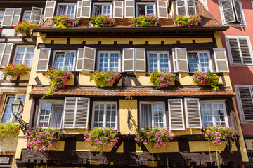 facade of a half timbered house in the old town of Strasbourg, France