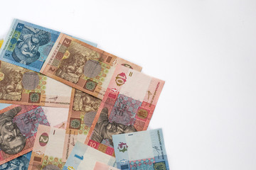 Ukrainian money hryvnia isolated on white background. Inflation, business, econimics and finance theme.