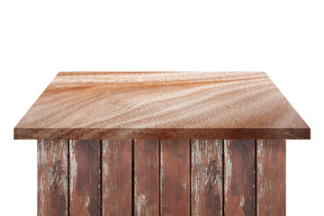 Empty vintage brown wood Shelf Table isolated on white background. for montage of your product