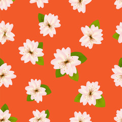 Spring cherry blossoms. Seamless pattern with Japanese sakura. Pink flowers on orange background. Romantic Vector illustration.