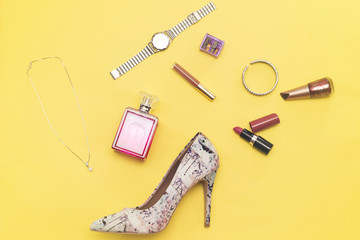 fashion and beauty set isolated on yellow background