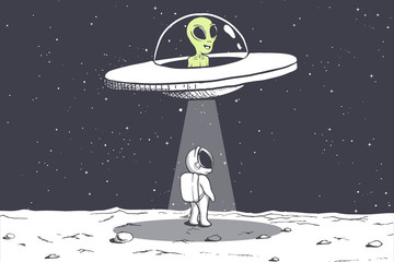 an alien abducts an astronaut on Moon.Cosmic friends.Vector illustration - obrazy, fototapety, plakaty