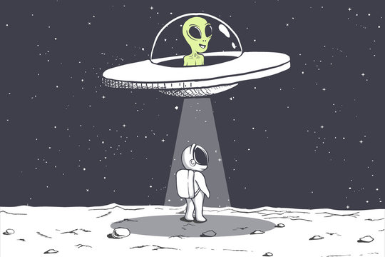 an alien abducts an astronaut on Moon.Cosmic friends.Vector illustration